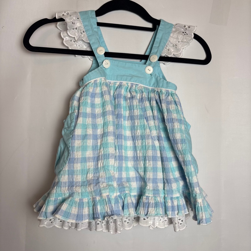 Well Dressed Wolf Girls 2T Blue Gingham Seersucker Eyelet Lace Pinafore Dress